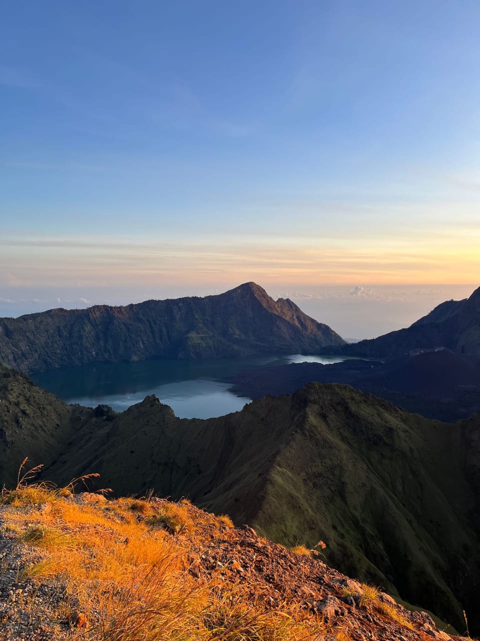 Sunset over Rinjani's crater lake from the rim