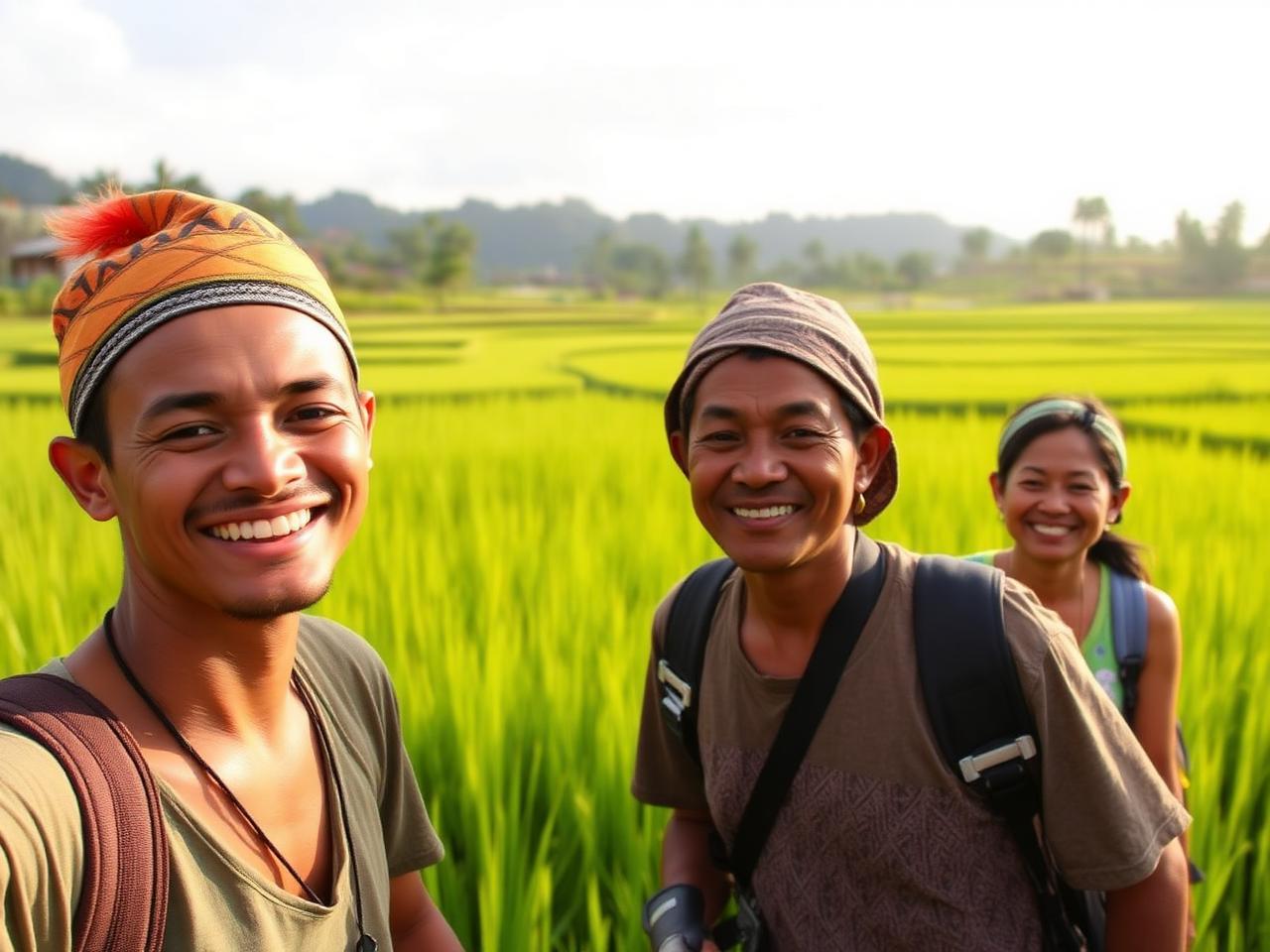 Local Sasak guides with travelers in the rice paddies of Tetebatu